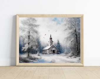 Rustic snowy winter landscape,Holiday home decor,Oil painting wall art,Rustic Christmas wall print,Rustic snowy winter landscape,Vintage art