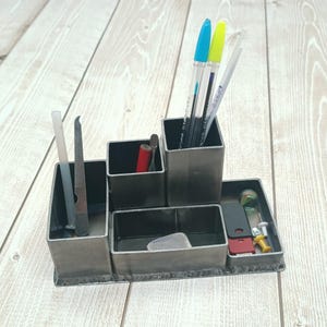 Metal Desk Organizer – Industrial Pen Holder, Welded Steel Office Caddy, Handmade Gift for Men