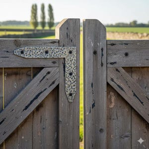Könnte beinhalten: Nahaufnahme eines verwitterten Holztors mit einem dekorativen Metallscharnier. Das Tor besteht aus grauem Holz mit sichtbarer Maserung und dunklen Streifen. Das Scharnier ist hellfarbig und hat ein strukturiertes Muster. Im Hintergrund sind ein Feld und Bäume zu sehen.