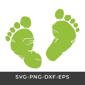 May include: Two green baby footprints are displayed on a white background. The footprints are a solid green color and are facing opposite directions. Below the footprints is the text "SVG-PNG-DXF-EPS".