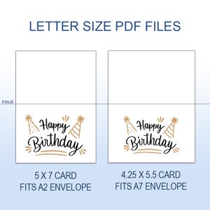 May include: Two printable PDF files for birthday cards. The first card is 5x7 inches and fits a A2 envelope. The second card is 4.25x5.5 inches and fits a A7 envelope. Both cards feature the text "Happy Birthday" with party hats.