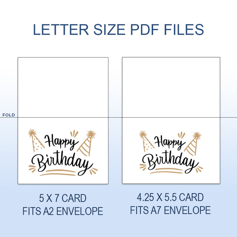 May include: Two printable PDF files for birthday cards. The first card is 5x7 inches and fits a A2 envelope. The second card is 4.25x5.5 inches and fits a A7 envelope. Both cards feature the text "Happy Birthday" with party hats.