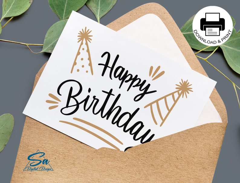 May include: A printable card with the text "Happy Birthday" in black script font with two gold party hats. The card is on a brown envelope.