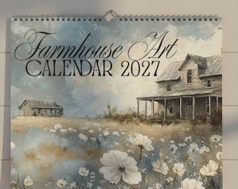 Wandkalender 2027, Rustikales Bauernhausmotiv mit Scheunenszene und Blumenfeldern