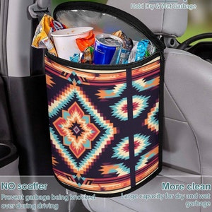 May include: A car trash bag with a colorful geometric pattern in shades of orange, teal, and navy blue. The bag is hanging from a car seat and is filled with trash. The bag is labeled "100% Waterproof" and "More clean".