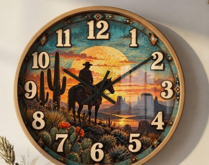 Western Wall Clock, Cowboy Sunset Scene with Plexiglass Face and Silent Sweep