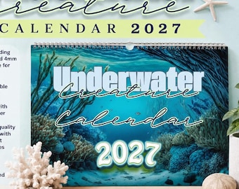 Calendario de pared de criaturas submarinas 2027, cuadrículas mate en blanco, encuadernación de alambre.