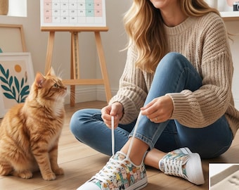Tênis coloridos com estampa de gato, calçados leves de lona para amantes de gatos.