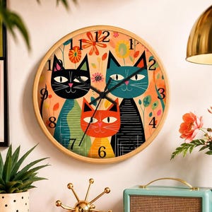 Feline Wall Clock, Retro Cat Design in Mid-Century Style for Home Decor