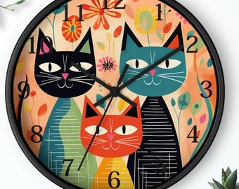 Reloj de pared con diseño felino de mediados de siglo: diseño retro de gato para los amantes de la decoración vintage.