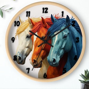 Equestrian Wall Clock: Colorful Horses, Rustic Farmhouse Decor