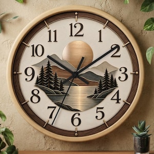 Woodland Sunset landscape Wall Clock | Mountain Lake Pines, Rustic Home Decor
