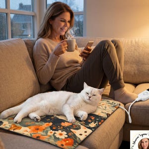 May include: A rectangular electric heating pad featuring a dark background with a vibrant floral pattern of orange and white flowers and cat faces. The pad includes a white cord and a digital controller with buttons, connected to a power source.