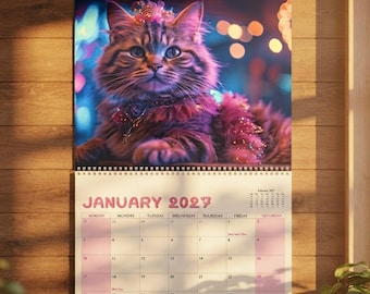 Cat Wall Calendar, Monthly Spiral Wire Binding with Writable Matte Grids