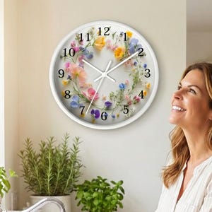 Floral Wall Clock: Rustic Wood Frame, Silent Movement, Flower Print Clock
