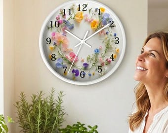 刺繍枠時計、手刺繍時計、花柄壁掛け時計、室内装飾、花好きの方への