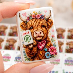 Highland Cow Mahjong Tiles Set, Floral Garden Style, Acrylic Game Pieces with Joker Tiles