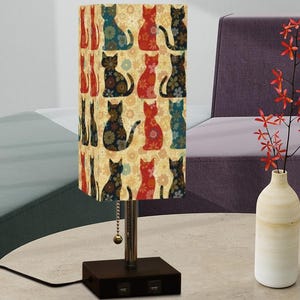 Retro Cat Table Lamp: Linen Shade, USB Charging Port, 16-Color LED