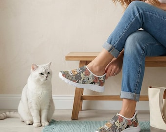 Women's Breathable Cat Design Slip-On Mesh Sneakers: Comfortable Lightweight Athletic Shoes