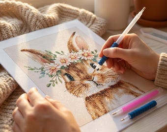Bunny Diamond Painting Kit: DIY Mosaic Art With Flower Crown for