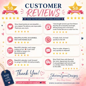 May include: A customer review graphic for SharonLynneDesigns featuring two 5.0 star ratings, eight individual testimonials with five-star icons, pink speech bubble icons, a navy blue Made with Love tag, and the shop website URL at the bottom.