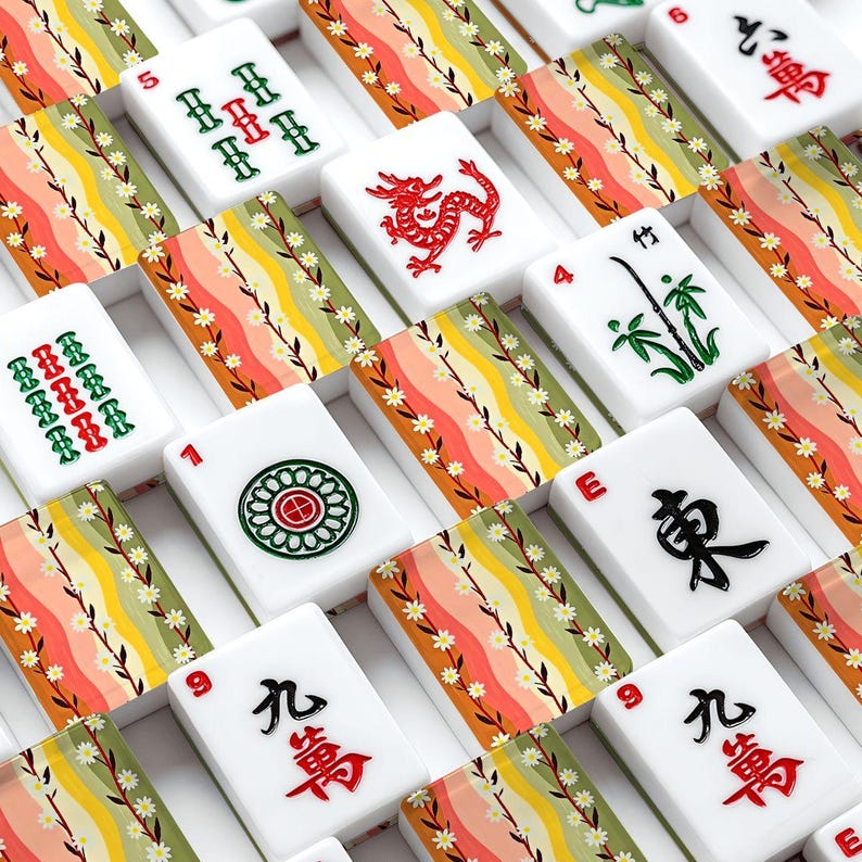 Juego de fichas de Mahjong americano "Daisys trepadoras" - Piezas de juego con motivos florales imagen 5