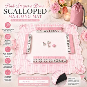 May include: A square scalloped mahjong mat with a pink and white striped pattern featuring bows. The mat includes a non-slip rubber base, low-friction fabric, and is available in 26 by 26 inch or 33 by 33 inch sizes with 2mm or 3mm thickness.