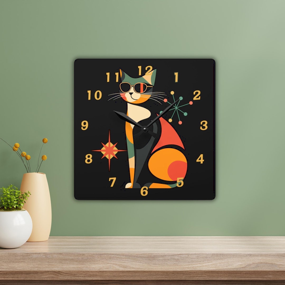 Vintage Feline Timepiece: Retro Cat Clock With Acrylic Design for ...
