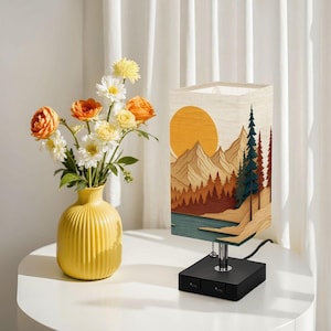 USB Table Lamp with Mountain View Design, Color Changing and Dual USB Charging