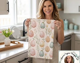 Pano de prato de microfibra com estampa de ovos de Páscoa em aquarela e flores da primavera para decoração de cozinha.