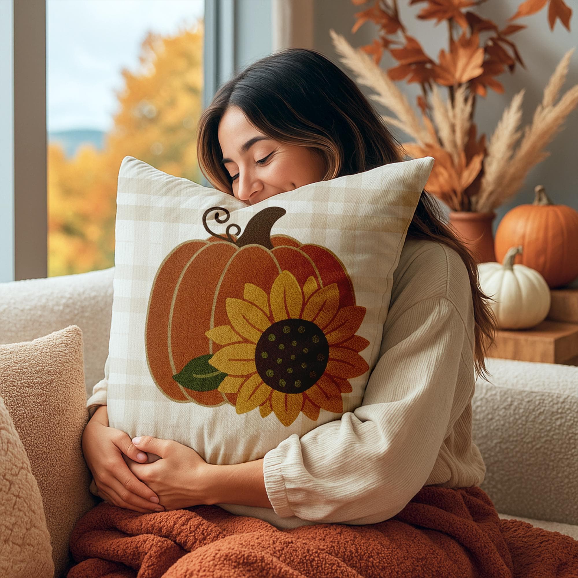 Autumn Square Pillowcase: Pumpkin & Sunflower Farmhouse Decor, Cozy Fall Accent, Thanksgiving Gift - Thumbnail 2