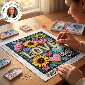 May include: A diamond painting kit featuring a floral design with sunflowers, pink flowers, and the word "LOVE". The kit includes a canvas, colored gems, and tools. The image shows a person working on the project.