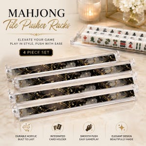 May include: A four-piece set of clear acrylic Mahjong tile pusher racks featuring a black and gold marble-patterned insert. The racks are rectangular with integrated card holders. Text on the image reads: MAHJONG Tile Pusher Racks, 4 PIECE SET.
