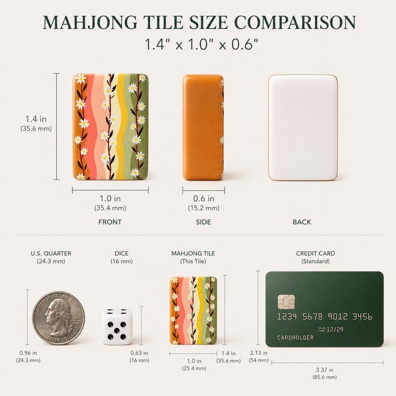 Puede incluir: Una tabla de comparaci&oacute;n de tama&ntilde;o de ficha de Mahjong con una ficha de patr&oacute;n floral ondulado, un lado naranja s&oacute;lido y un reverso blanco. Dimensiones: 35,6 mm x 25,4 mm x 15,2 mm. Incluye una moneda, un dado y una tarjeta de cr&eacute;dito para escala.