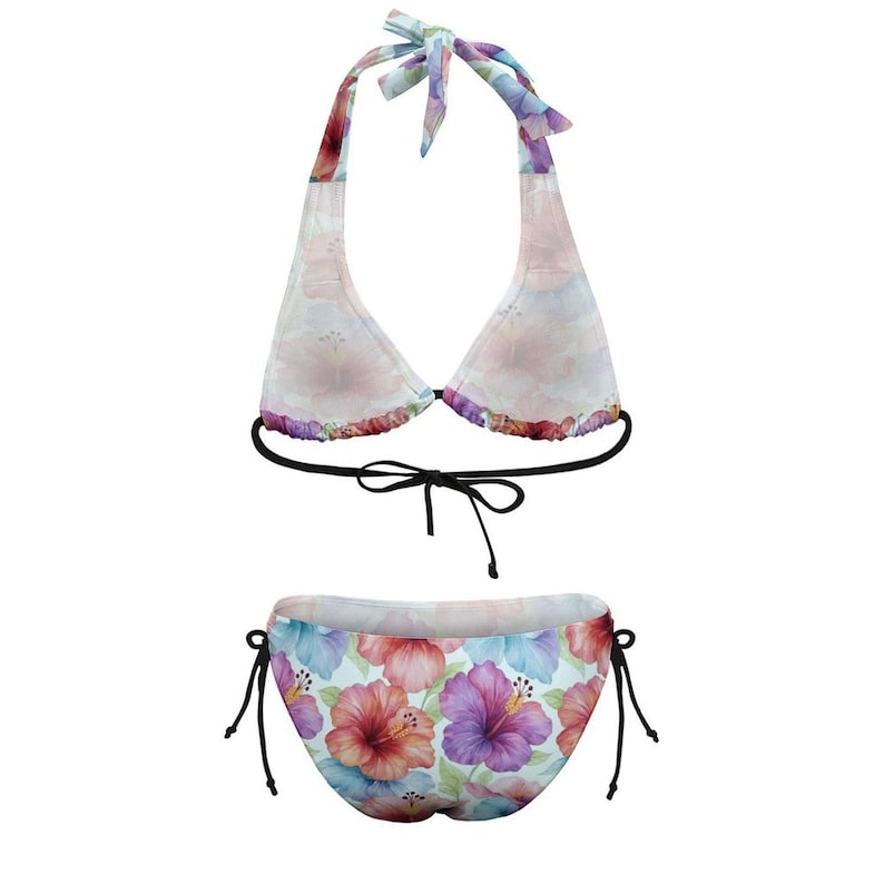 A floral halter bikini top and matching tie-side bottom are displayed flat against a white background.