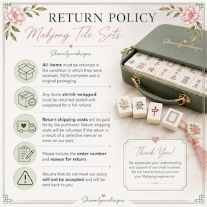 An informational graphic detailing the return policy with text, icons, and a photo of an open green mahjong case and tiles.