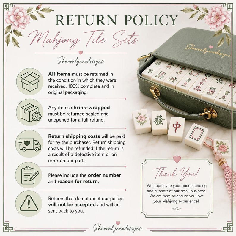An informational graphic detailing the return policy with text, icons, and a photo of an open green mahjong case and tiles.