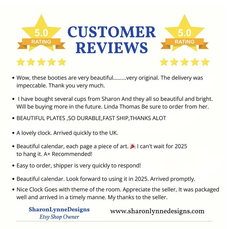 Puede incluir: Un gr&aacute;fico de rese&ntilde;as de clientes con el texto CUSTOMER REVIEWS en azul, flanqueado por dos estrellas amarillas con el texto 5.0 RATING. Debajo hay ocho testimonios con vi&ntilde;etas que elogian varios productos y el nombre de la tienda.