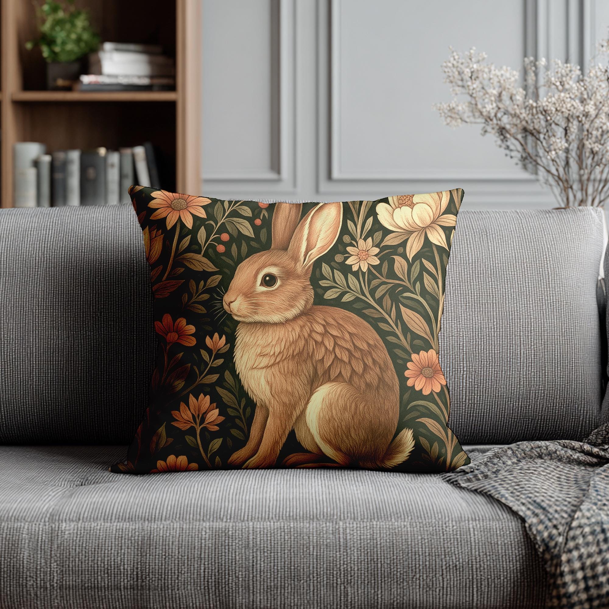 Faux Suede Bunny Throw Pillow - Square Cushion for Home Decor, Host Gift - Thumbnail 2