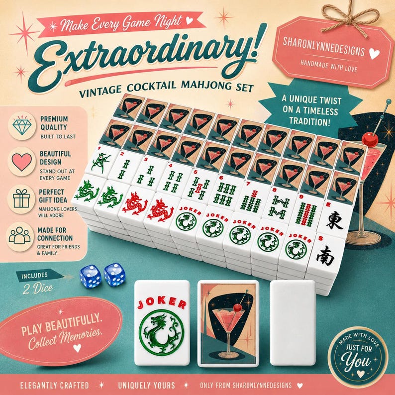 Retro Martini Mahjong Tiles Set – 166-Piece American Mahjong with Jokers