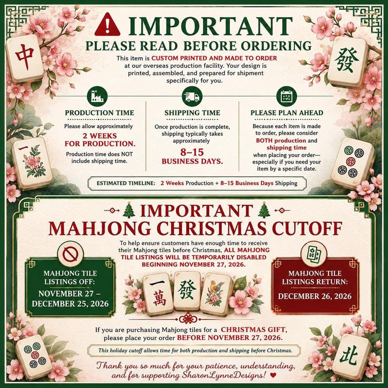 An informational graphic with pink cherry blossoms detailing production and shipping timeframes, plus a holiday cutoff schedule.