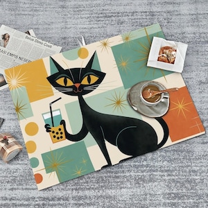 Boba Cat Dish Drying Mat with Mid-Century Cat Design, Absorbent Microfiber Kitchen Towel