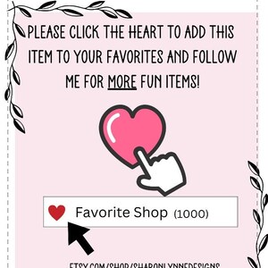 A graphic with text instructing viewers to favorite the item, featuring a pink heart and a cursor clicking a shop favorite button.