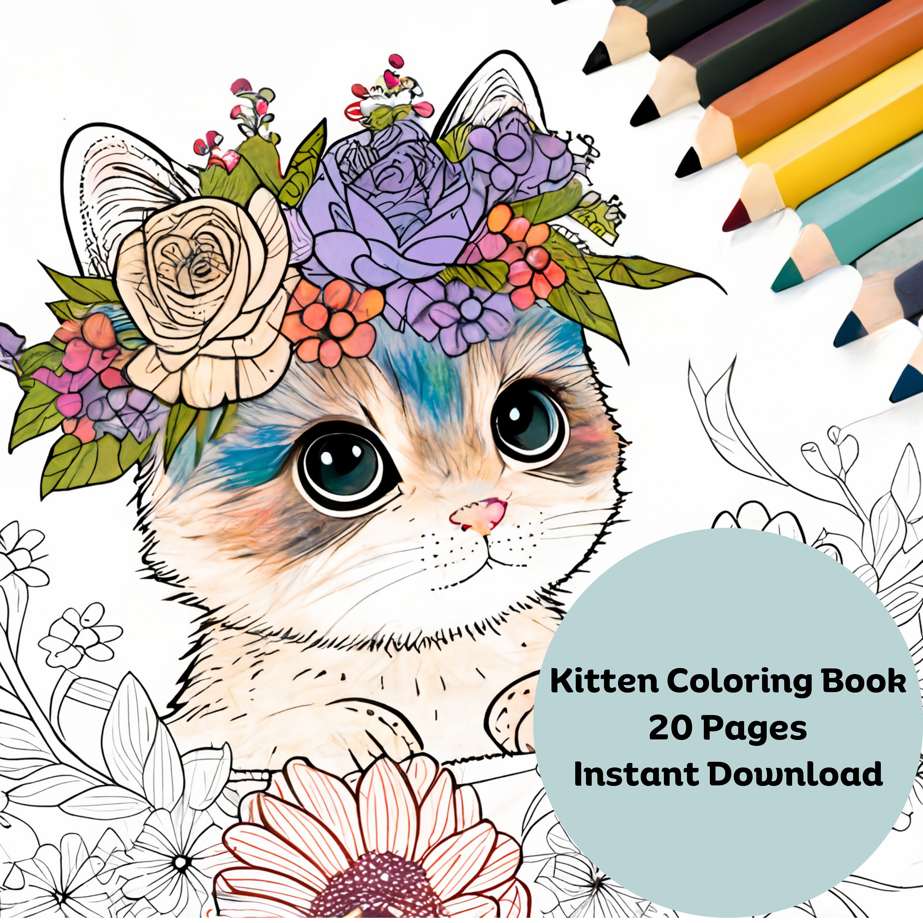 Kitten & Cat Coloring Pages, Digital Kitten Pages, Instant PDF File