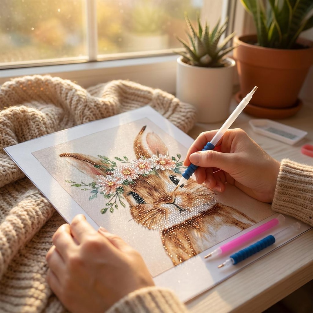 Bunny Diamond Painting Kit: DIY Mosaic Art With Flower Crown for