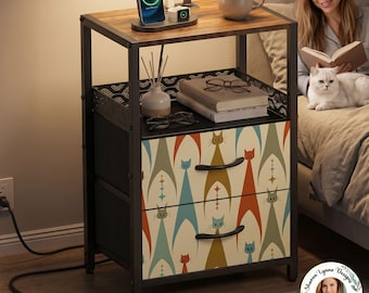 Mid-Century Cat 2-Drawer Bedside Table Nightstand Retro Furniture Vintage Storage