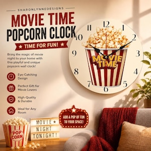 Popcorn Wall Clock for Cinema Lovers - Red Movie Night Decor without Numbers