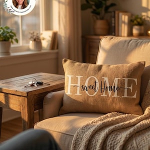 Farmhouse Lumbar Pillow, Beige Burlap Accent Cushion for Rustic Decor