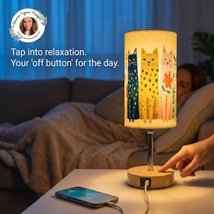 Cat Bedside Lamp, Linen Shade with USB, Type-C Charging and Touch Dimming