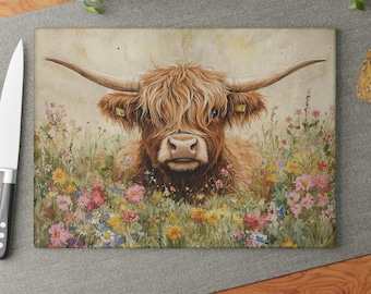 Tabla de cortar con forma de vaca de las Tierras Altas, de vidrio templado resistente con diseño rústico de acuarela.